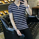 夏季流行男士短袖T恤韩版修身V领体恤时尚青年休闲打底衫半袖男装