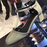 韩国女鞋正品代购2016春款新款灰色漆皮方头扣带粗跟单鞋
