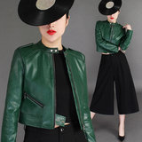 2016春装新款韩版显瘦立领PU皮衣女帅气短款外套 绿色休闲皮夹克