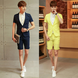 夏季西装套装潮男士韩版修身七分袖休闲西服青年短裤两件套职业装