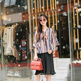 2016夏季新款女装韩版宽松荷叶边短袖上衣条纹名族风喇叭袖蕾丝衫