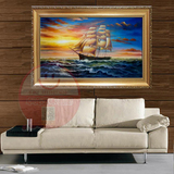 手绘夕阳海景装饰画 中式家居现代简约客厅横版一帆风顺帆船油画