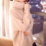 2015韩版秋季新款大领子高领纯色下摆开叉女装针织衫女装宽松毛衣