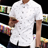 夏季韩版修身短袖衬衫男青年印花休闲衬衣学生寸衫半袖男装时尚潮