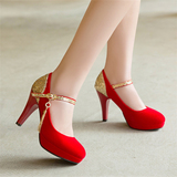 春季红色新娘鞋粗跟防水台超高跟结婚鞋金色中式女鞋一字扣带单鞋