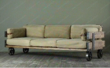 热卖美式复古实木沙发椅 铁艺实木三人沙发 带轮做旧软皮沙发组合