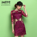 JMFIVE2016春装新款女装淑女酒红色五分袖修身刺绣花蕾丝连衣裙女
