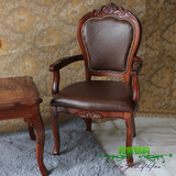 现货包邮欧式餐椅实木扶手椅仿古美式真皮椅子进口牛皮雕花咖啡椅