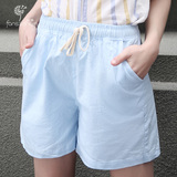 女士短裤 松紧带白色原宿高腰女夏健身运动宽松棉麻女装休闲短裤