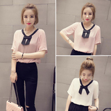 韩版夏季女装新款雪纺山蝴蝶结短袖短款上衣服粉色小清新T恤衫潮
