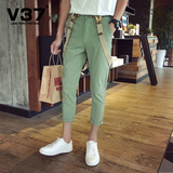 V37男士裤子夏季2016新款九分裤男薄款小脚裤修身韩版潮男背带裤