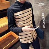 2015修身衬衣青年长袖男士几何图案潮韩版常规加绒尖领衬衫