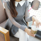 2015秋冬新款女士毛衣衬衫领针织衫拼接透视蕾丝袖打底衫