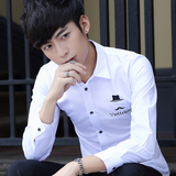 春秋季韩版男士休闲长袖衬衫青少年修身纯色衬衣男装新款上衣服潮