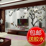中式大型壁画 客厅沙发电视背景墙壁纸 古韵手绘桃花水墨玉兰风景