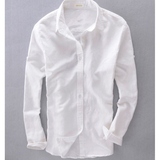 夏季薄款亚麻长袖衬衫男士棉麻衬衣原单商务英伦潮修身纯复古白色
