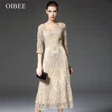 OIBEE2016春装新款绣花蕾丝连衣裙七分袖修身大摆中长款礼服裙女