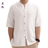 男士亚麻短袖衬衫夏季中国风复古七分袖棉麻半袖中式男式唐装衬衣