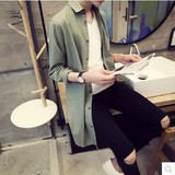 秋装 韩版修身男士加长款棉麻长袖衬衫 简约时尚纯色衬衣小外套潮