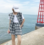 夏季新款韩版格子无袖马甲宽松显瘦西装外套+百搭短裤休闲套装女