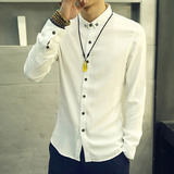 春季男士修身型亚麻衬衫男长袖青少年纯色休闲棉麻衬衣韩版白寸衫