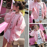 小妞2016夏装新款韩版粉色拉链小圆领长袖夹克棒球服女外套上衣潮