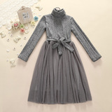 2015冬季新款女装修身针织拼接网纱裙中长款假两件长袖连衣裙