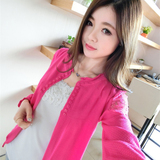 2016春装新款韩版女装双排扣蕾丝薄开衫女外套短款针织衫毛衣披肩