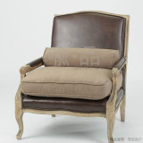 法式乡村家具雕花椅/美式实木橡木做旧风格单人沙发/皮布结合沙发
