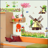 客厅卧室沙发背景儿童房间 3D立体墙壁贴纸踢脚线墙贴画田园风车