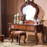 欧式梳妆桌卧室深色简约梳妆台小户型组装雕花化妆桌实木家具法式