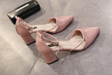 5厘米 夏季凉鞋女鞋 粗跟高跟鞋 尖头浅口绑带漆皮粉色复古韩版潮