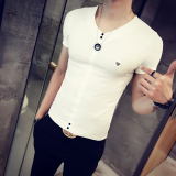 2016新款夏季鸡心领短袖V领t恤潮男韩版修身半袖紧身体恤贴身上衣