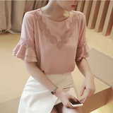 韩版雪纺衫喇叭袖上衣服女式2016夏季新款短袖t恤女宽松显瘦女装