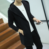 秋季韩版连帽开衫中长款风衣男士修身外套青年纯色薄上衣学生男装