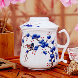 陶瓷茶杯大容量杯子创意带盖简约景德镇青花瓷办公杯茶具过滤带盖