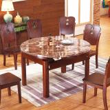 大理石餐桌圆形可伸缩折叠实木餐桌椅组合红棕色圆桌多功能饭桌子