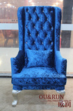 蓝色欧式美式新古典布艺单人椅沙发椅老虎椅休闲椅高档绒布可定制