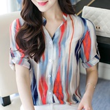 2016夏装新款衬衫女长袖韩版时尚条纹雪纺衫上衣百搭宽松女士衬衣