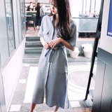 Kanchogirl韩国代购女装春款翻领单排扣小清新开叉短袖衬衫连衣裙