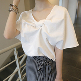 韩国代购直邮正品 蝴蝶结皱褶V领时尚个性蝙蝠上衣短袖白色衬衫女