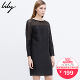 Lily2016春新款女装黑色通勤欧美长袖显瘦直筒连衣裙115140L7134
