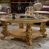 欧式实木雕花茶几美式高档别墅圆咖啡桌简约现代沙发钢化玻璃茶几