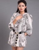韩版时尚中长款修身条纹兔毛皮草外套女式皮毛一体兔毛皮草控大衣