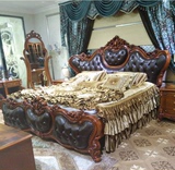 豪华真皮大床实木双人床欧式古典深色雕花卧室家具头层牛皮美式牛