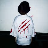 韩国SZ宽松BF学院风情侣装 个性恐怖血痕印花蝙蝠袖七分袖T恤女夏