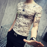 夏季紧身男XS码迷彩修身男士韩版青年小码男S码短袖t恤半袖打底衫
