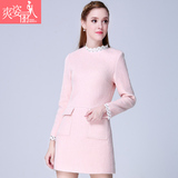 2015秋冬季新款加厚粉色羊毛呢连衣裙女显瘦外穿打底长袖拼接短裙