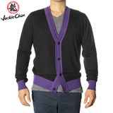 Jackie Chan/成龙男装长袖黑紫撞色边刺绣男士羊毛衣针织开衫外套