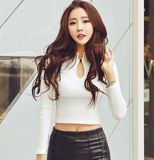 韩国代购韩版秋季新品ol女士紧身纯色螺纹短款性感打底针织衫T恤